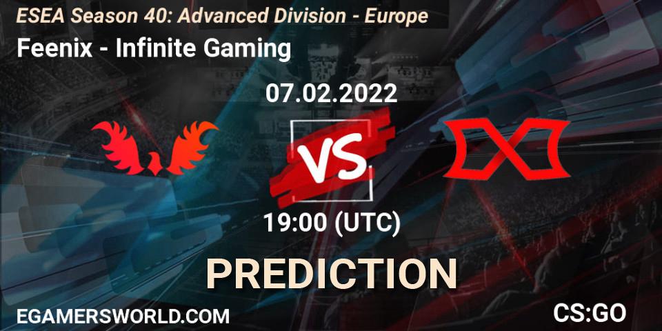 Prognose für das Spiel Feenix VS Infinite Gaming. 07.02.2022 at 19:00. Counter-Strike (CS2) - ESEA Season 40: Advanced Division - Europe