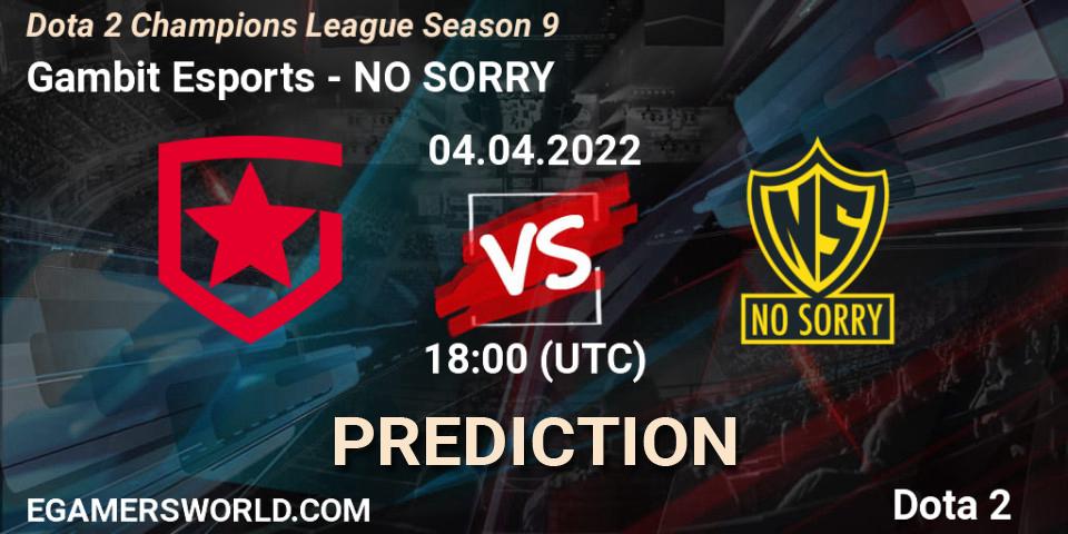 Prognose für das Spiel Gambit Esports VS NO SORRY. 04.04.2022 at 18:10. Dota 2 - Dota 2 Champions League Season 9