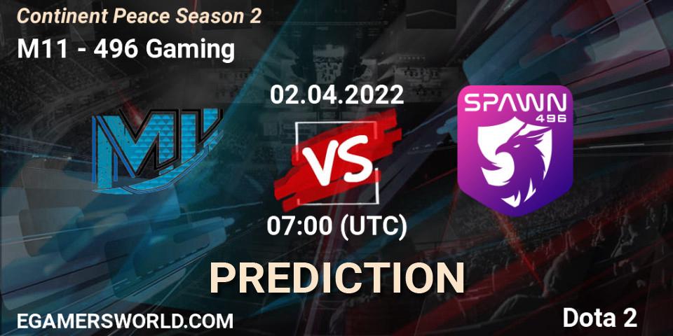 Prognose für das Spiel M11 VS 496 Gaming. 02.04.2022 at 07:29. Dota 2 - Continent Peace Season 2 