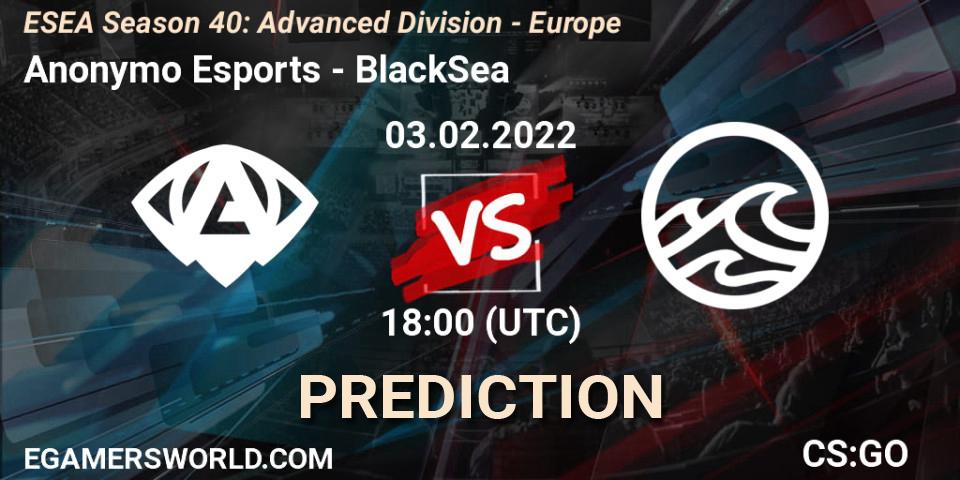 Prognose für das Spiel Anonymo Esports VS BlackSea. 03.02.2022 at 18:00. Counter-Strike (CS2) - ESEA Season 40: Advanced Division - Europe