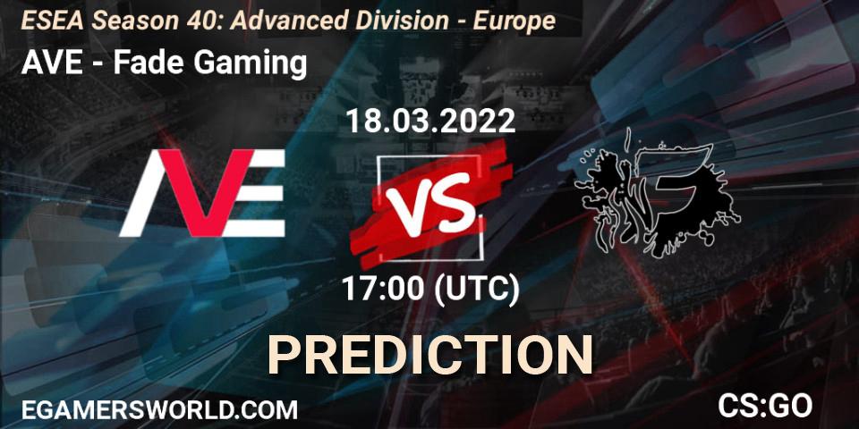 Prognose für das Spiel AVE VS Fade Gaming. 18.03.2022 at 17:00. Counter-Strike (CS2) - ESEA Season 40: Advanced Division - Europe