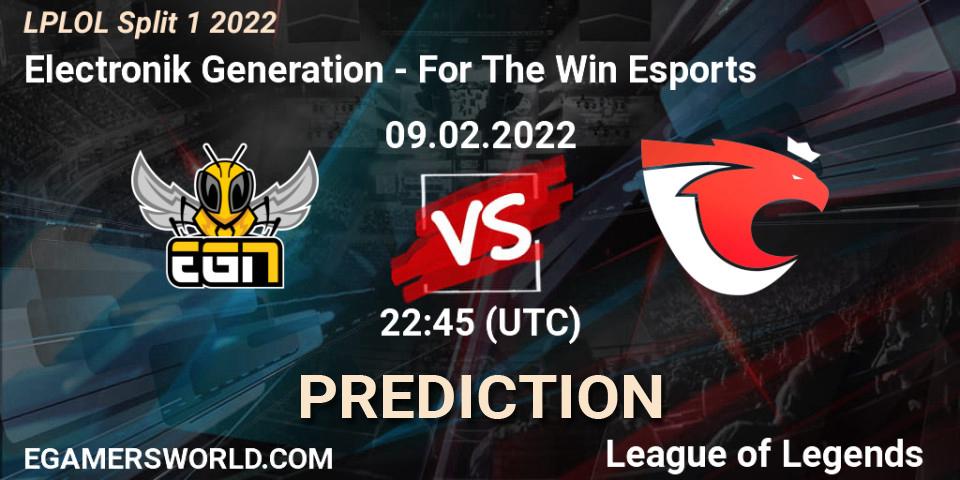 Prognose für das Spiel Electronik Generation VS For The Win Esports. 09.02.2022 at 22:30. LoL - LPLOL Split 1 2022