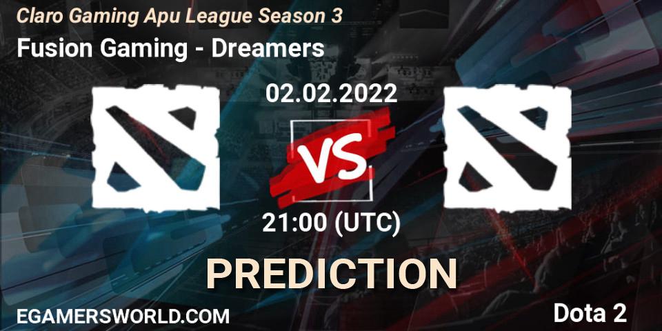 Prognose für das Spiel Fusion Gaming VS Dreamers. 02.02.2022 at 23:44. Dota 2 - Claro Gaming Apu League Season 3