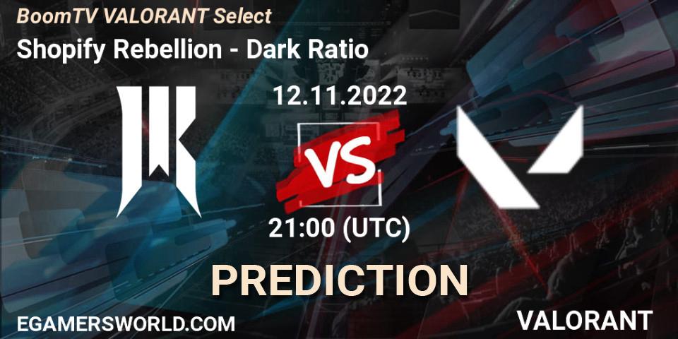 Prognose für das Spiel Shopify Rebellion VS Dark Ratio. 12.11.2022 at 21:00. VALORANT - BoomTV VALORANT Select