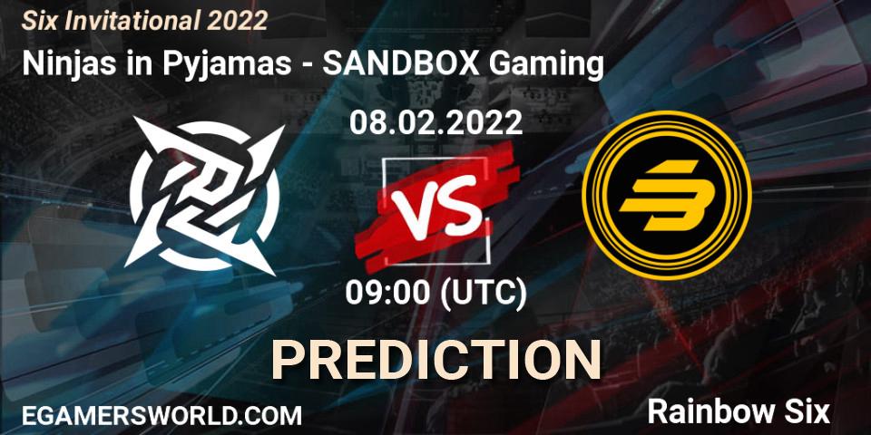 Prognose für das Spiel Ninjas in Pyjamas VS SANDBOX Gaming. 08.02.2022 at 09:00. Rainbow Six - Six Invitational 2022