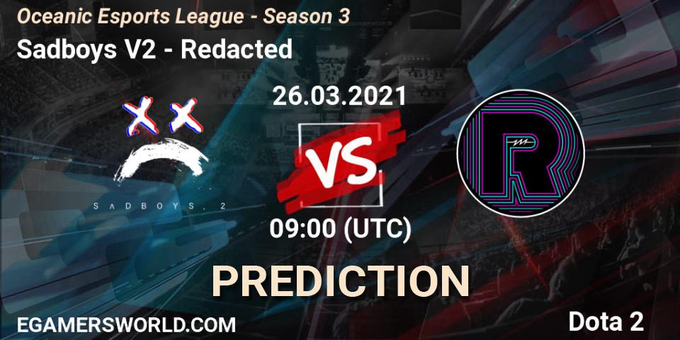 Prognose für das Spiel Sadboys V2 VS Redacted. 27.03.2021 at 09:16. Dota 2 - Oceanic Esports League - Season 3