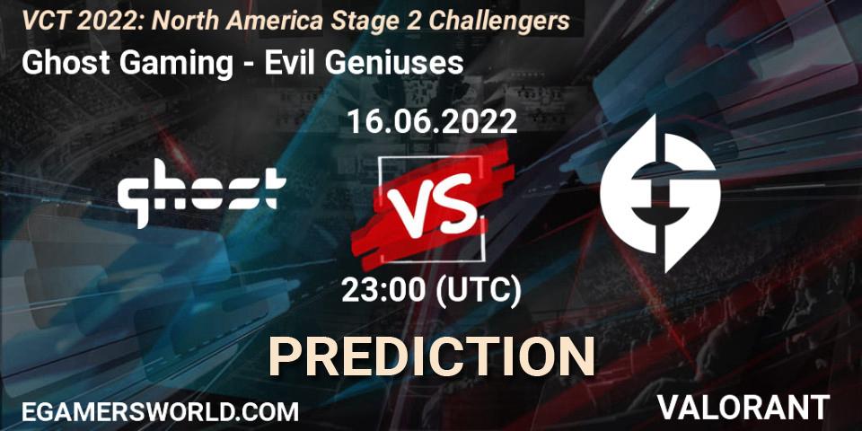 Prognose für das Spiel Ghost Gaming VS Evil Geniuses. 16.06.2022 at 23:55. VALORANT - VCT 2022: North America Stage 2 Challengers