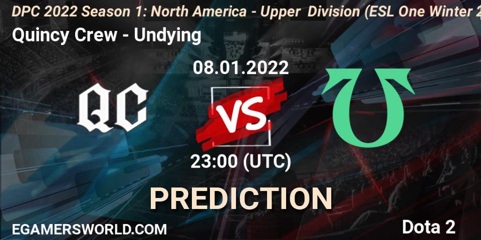 Prognose für das Spiel Quincy Crew VS Undying. 08.01.2022 at 22:55. Dota 2 - DPC 2022 Season 1: North America - Upper Division (ESL One Winter 2021)