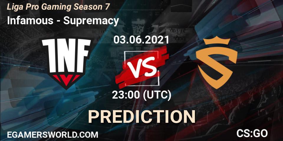 Prognose für das Spiel Infamous VS Supremacy. 03.06.2021 at 23:00. Counter-Strike (CS2) - Liga Pro Gaming Season 7