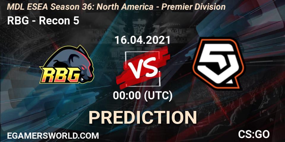 Prognose für das Spiel RBG VS Recon 5. 16.04.2021 at 00:00. Counter-Strike (CS2) - MDL ESEA Season 36: North America - Premier Division
