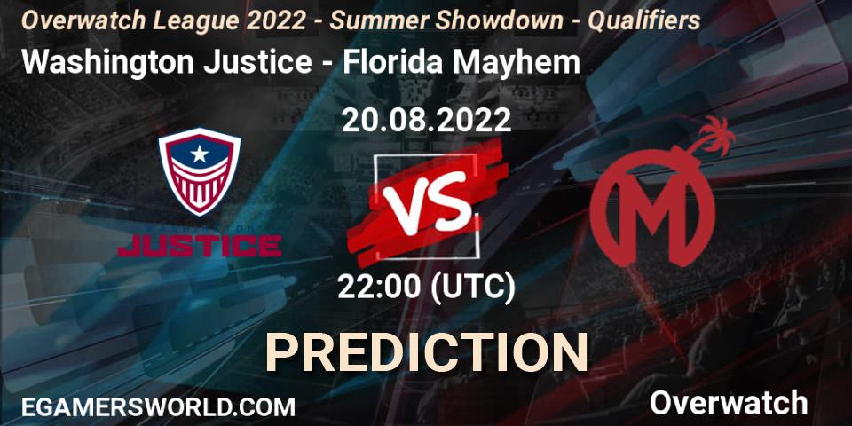 Prognose für das Spiel Washington Justice VS Florida Mayhem. 20.08.22. Overwatch - Overwatch League 2022 - Summer Showdown - Qualifiers