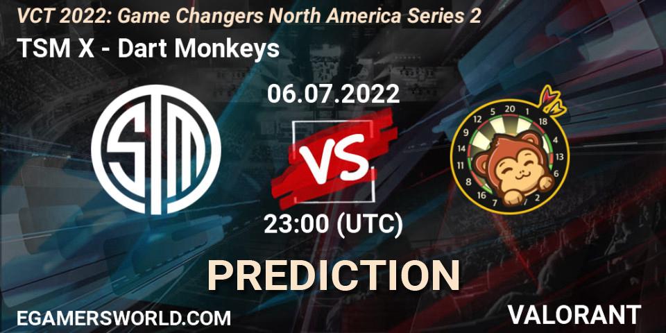 Prognose für das Spiel TSM X VS Dart Monkeys. 06.07.2022 at 22:30. VALORANT - VCT 2022: Game Changers North America Series 2