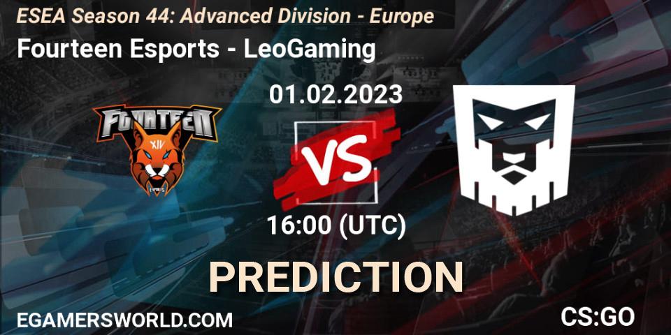 Prognose für das Spiel Fourteen Esports VS LeoGaming. 10.02.2023 at 15:00. Counter-Strike (CS2) - ESEA Season 44: Advanced Division - Europe