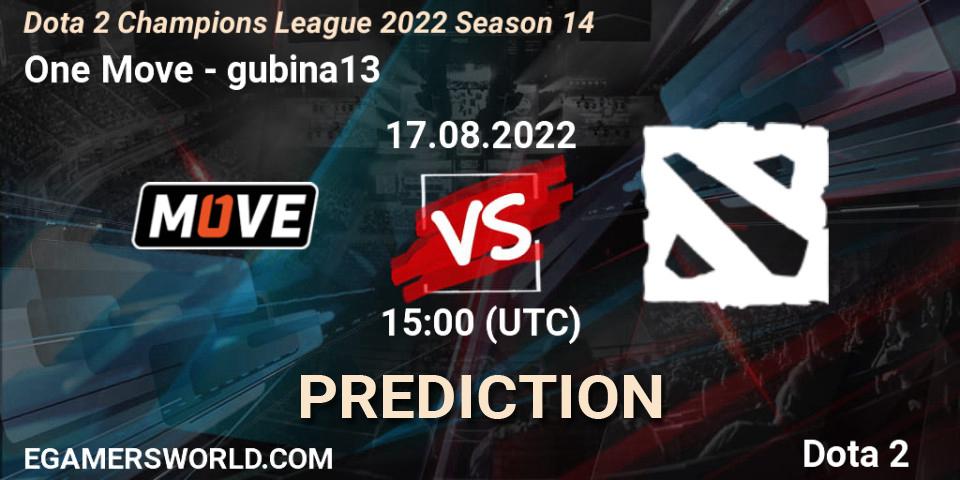 Prognose für das Spiel One Move VS gubina13. 17.08.2022 at 15:04. Dota 2 - Dota 2 Champions League 2022 Season 14