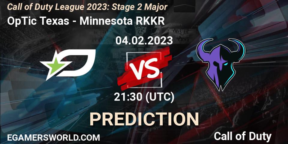 Prognose für das Spiel OpTic Texas VS Minnesota RØKKR. 04.02.2023 at 21:30. Call of Duty - Call of Duty League 2023: Stage 2 Major