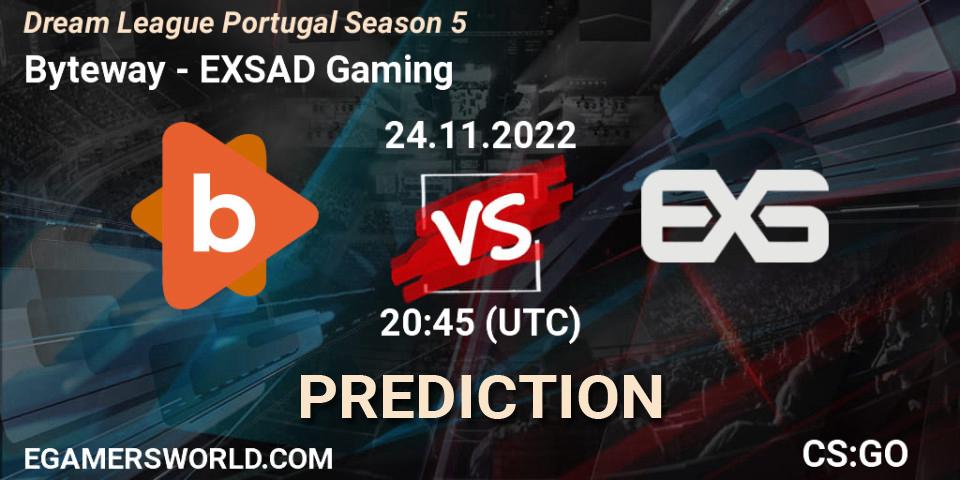 Prognose für das Spiel Byteway VS EXSAD Gaming. 24.11.2022 at 20:45. Counter-Strike (CS2) - Dream League Portugal Season 5