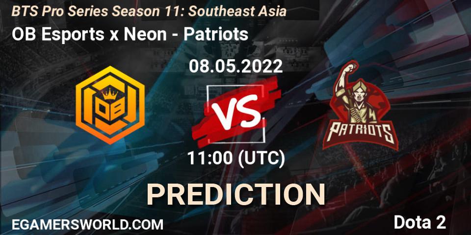 Prognose für das Spiel OB Esports x Neon VS Patriots. 08.05.2022 at 11:18. Dota 2 - BTS Pro Series Season 11: Southeast Asia