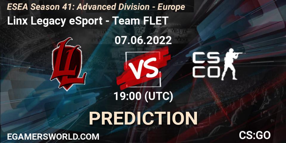 Prognose für das Spiel Linx Legacy eSport VS Team FLET. 07.06.2022 at 19:00. Counter-Strike (CS2) - ESEA Season 41: Advanced Division - Europe