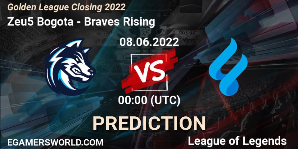 Prognose für das Spiel Zeu5 Bogota VS Braves Rising. 08.06.2022 at 00:00. LoL - Golden League Closing 2022