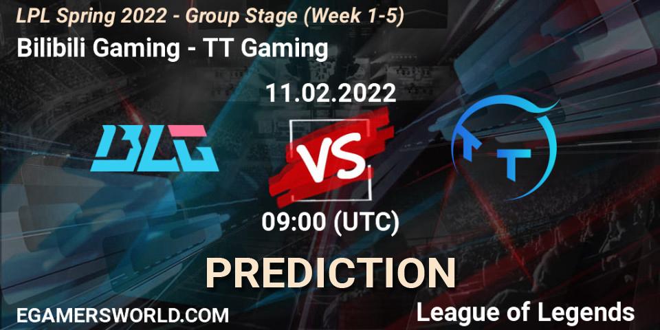 Prognose für das Spiel Bilibili Gaming VS TT Gaming. 11.02.2022 at 10:00. LoL - LPL Spring 2022 - Group Stage (Week 1-5)