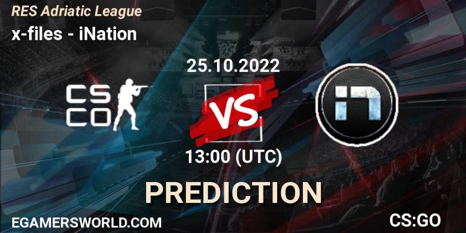 Prognose für das Spiel x-files VS iNation. 25.10.2022 at 13:00. Counter-Strike (CS2) - RES Adriatic League