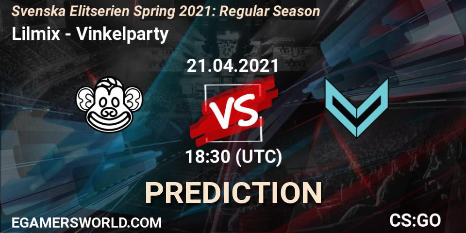 Prognose für das Spiel Lilmix VS Vinkelparty. 21.04.2021 at 18:30. Counter-Strike (CS2) - Svenska Elitserien Spring 2021: Regular Season