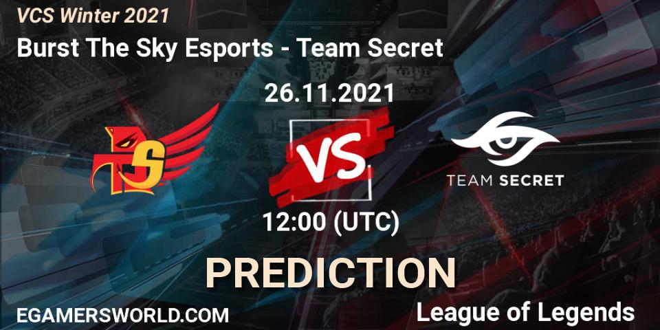 Prognose für das Spiel Burst The Sky Esports VS Team Secret. 26.11.2021 at 12:00. LoL - VCS Winter 2021