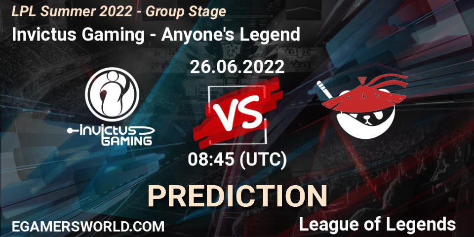 Prognose für das Spiel Invictus Gaming VS Anyone's Legend. 26.06.22. LoL - LPL Summer 2022 - Group Stage