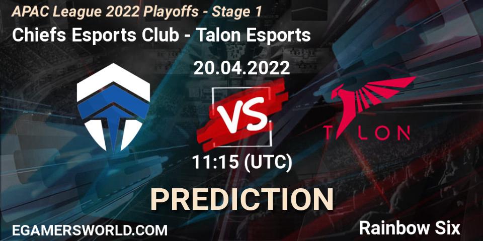 Prognose für das Spiel Chiefs Esports Club VS Talon Esports. 20.04.2022 at 11:15. Rainbow Six - APAC League 2022 Playoffs - Stage 1