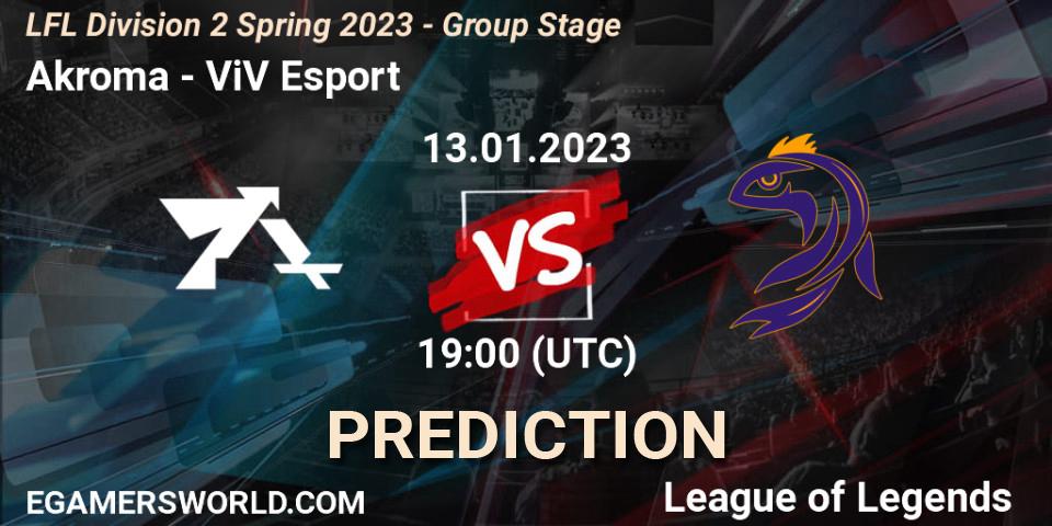 Prognose für das Spiel Akroma VS ViV Esport. 13.01.2023 at 19:00. LoL - LFL Division 2 Spring 2023 - Group Stage
