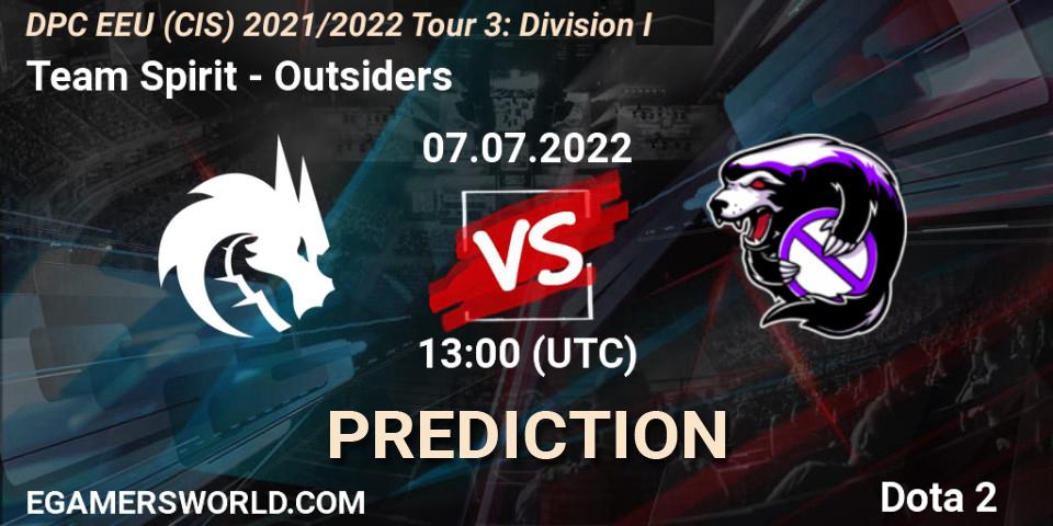 Prognose für das Spiel Team Spirit VS Outsiders. 07.07.2022 at 13:16. Dota 2 - DPC EEU (CIS) 2021/2022 Tour 3: Division I