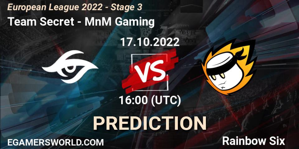 Prognose für das Spiel Team Secret VS MnM Gaming. 17.10.2022 at 17:15. Rainbow Six - European League 2022 - Stage 3