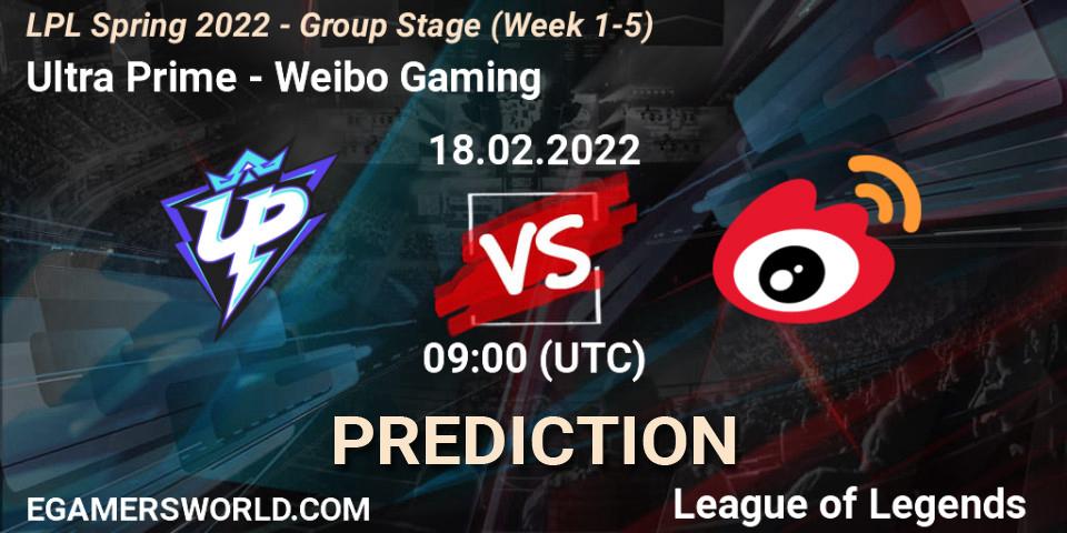 Prognose für das Spiel Ultra Prime VS Weibo Gaming. 18.02.2022 at 10:20. LoL - LPL Spring 2022 - Group Stage (Week 1-5)