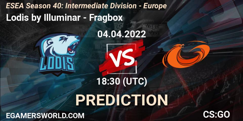 Prognose für das Spiel Lodis by Illuminar VS Fragbox. 04.04.2022 at 18:30. Counter-Strike (CS2) - ESEA Season 40: Intermediate Division - Europe