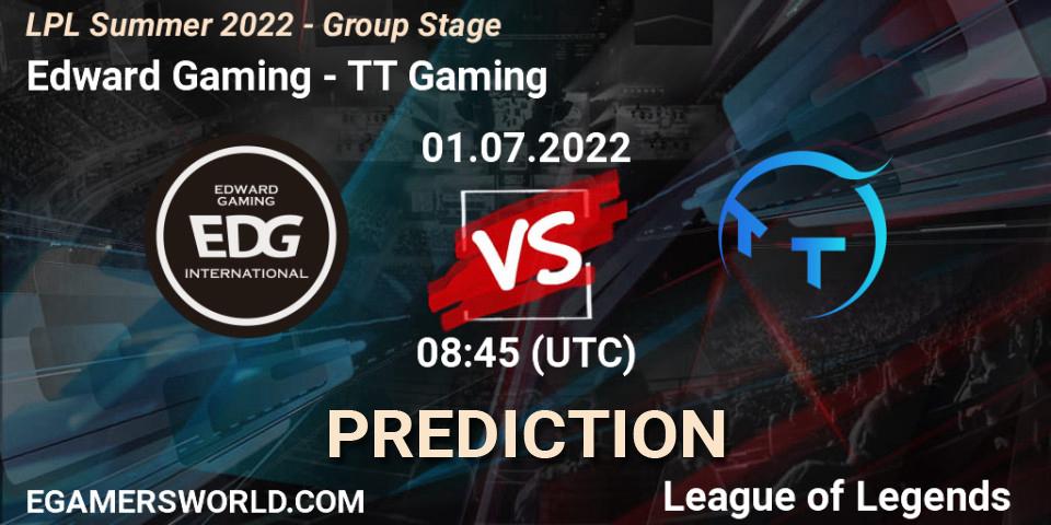 Prognose für das Spiel Edward Gaming VS TT Gaming. 01.07.2022 at 09:00. LoL - LPL Summer 2022 - Group Stage