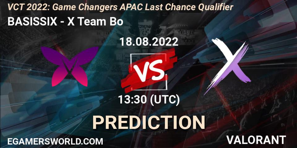 Prognose für das Spiel BASISSIX VS X Team Bo. 18.08.2022 at 13:30. VALORANT - VCT 2022: Game Changers APAC Last Chance Qualifier