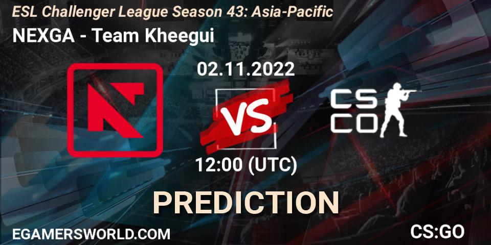 Prognose für das Spiel NEXGA VS Team Kheegui. 02.11.2022 at 12:00. Counter-Strike (CS2) - ESL Challenger League Season 43: Asia-Pacific