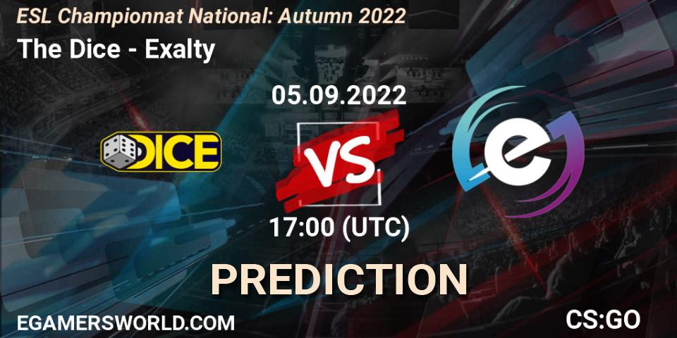 Prognose für das Spiel The Dice VS Exalty. 05.09.2022 at 17:00. Counter-Strike (CS2) - ESL Championnat National: Autumn 2022