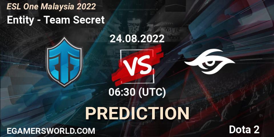 Prognose für das Spiel Entity VS Team Secret. 24.08.2022 at 06:32. Dota 2 - ESL One Malaysia 2022