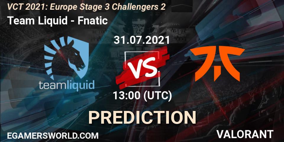 Prognose für das Spiel Team Liquid VS Fnatic. 31.07.2021 at 13:00. VALORANT - VCT 2021: Europe Stage 3 Challengers 2