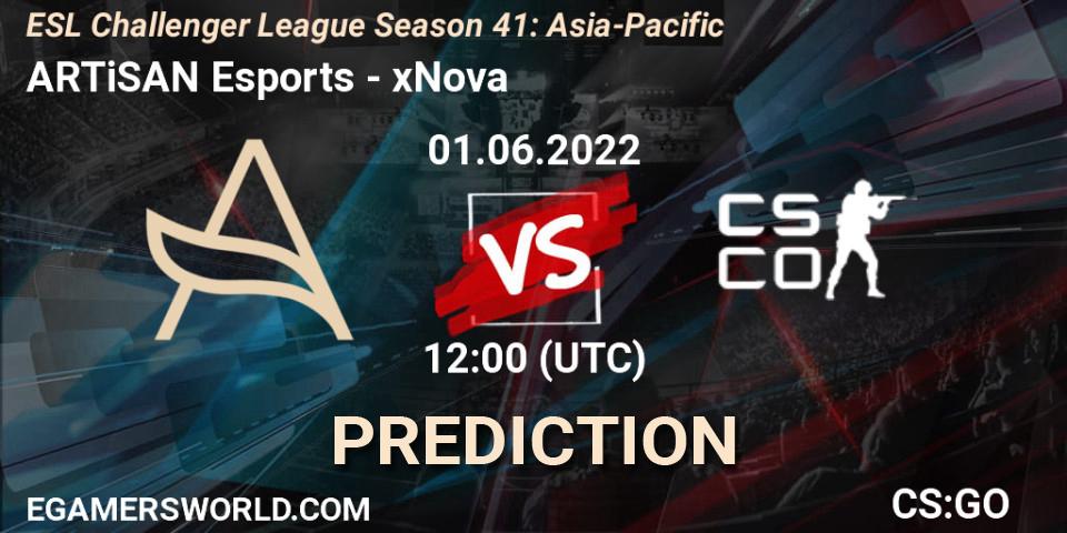 Prognose für das Spiel ARTiSAN Esports VS xNova. 01.06.2022 at 12:00. Counter-Strike (CS2) - ESL Challenger League Season 41: Asia-Pacific