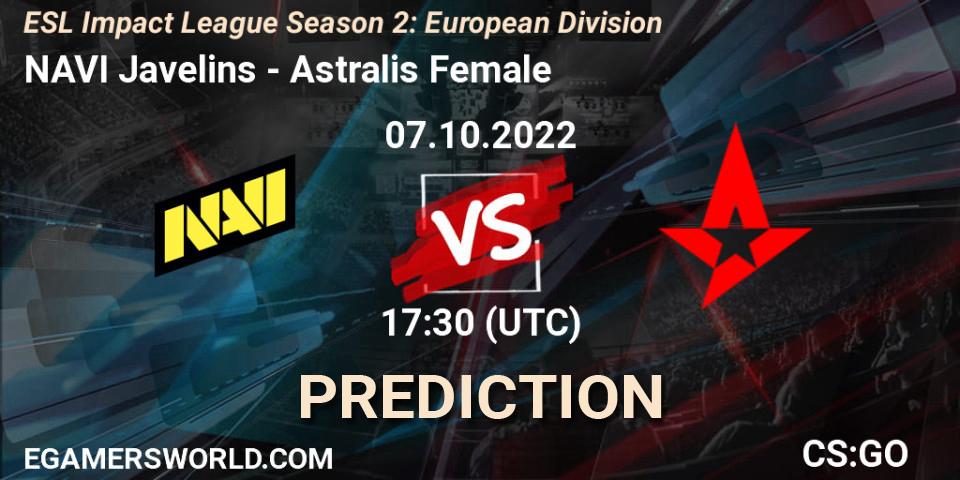 Prognose für das Spiel NAVI Javelins VS Astralis Female. 07.10.2022 at 17:30. Counter-Strike (CS2) - ESL Impact League Season 2: European Division
