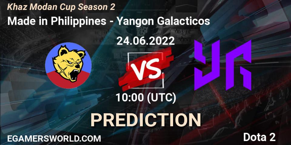 Prognose für das Spiel Made in Philippines VS Yangon Galacticos. 24.06.2022 at 10:00. Dota 2 - Khaz Modan Cup Season 2