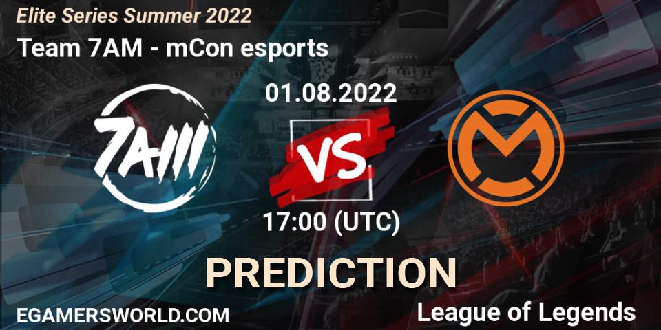 Prognose für das Spiel Team 7AM VS mCon esports. 01.08.2022 at 17:00. LoL - Elite Series Summer 2022
