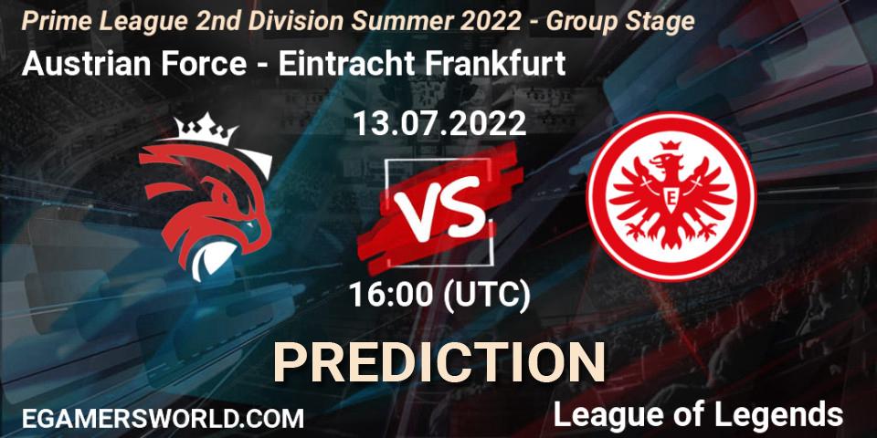 Prognose für das Spiel Austrian Force VS Eintracht Frankfurt. 13.07.2022 at 16:00. LoL - Prime League 2nd Division Summer 2022 - Group Stage