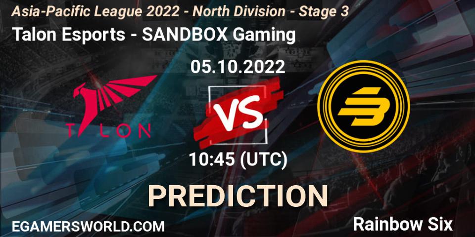 Prognose für das Spiel Talon Esports VS SANDBOX Gaming. 05.10.2022 at 10:45. Rainbow Six - Asia-Pacific League 2022 - North Division - Stage 3