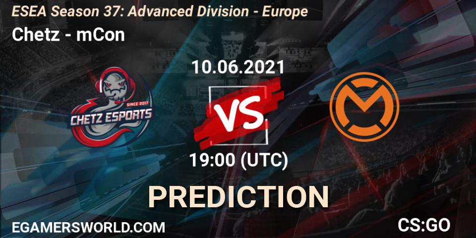 Prognose für das Spiel Chetz VS mCon. 10.06.2021 at 19:00. Counter-Strike (CS2) - ESEA Season 37: Advanced Division - Europe