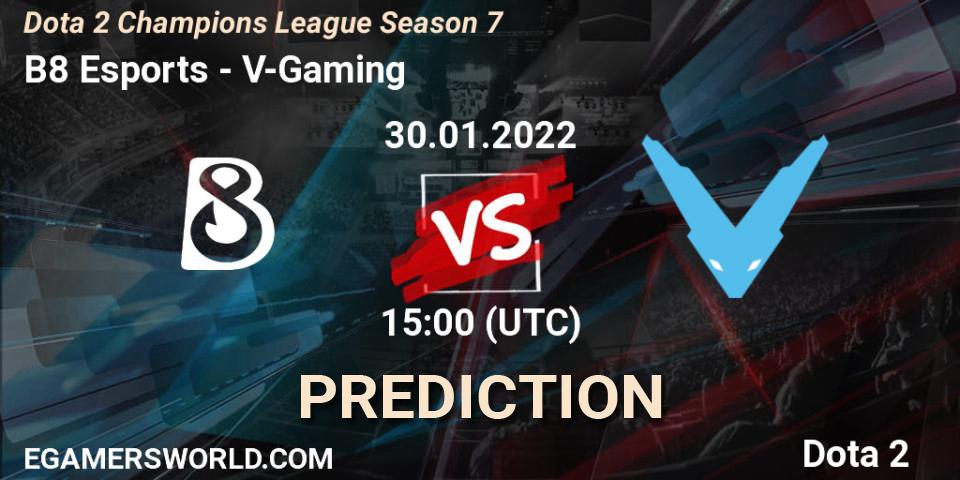 Prognose für das Spiel B8 Esports VS V-Gaming. 30.01.2022 at 15:02. Dota 2 - Dota 2 Champions League 2022 Season 7