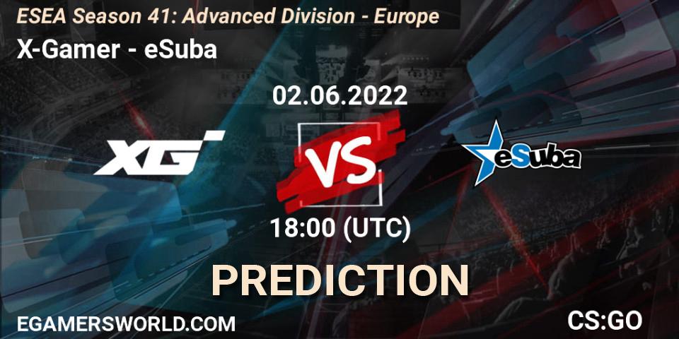 Prognose für das Spiel X-Gamer VS eSuba. 02.06.2022 at 18:00. Counter-Strike (CS2) - ESEA Season 41: Advanced Division - Europe