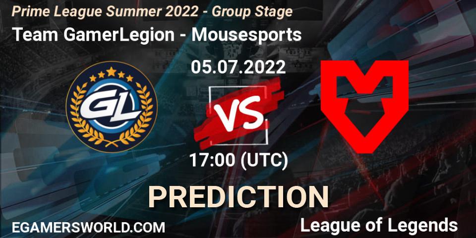 Prognose für das Spiel Team GamerLegion VS Mousesports. 05.07.2022 at 17:00. LoL - Prime League Summer 2022 - Group Stage